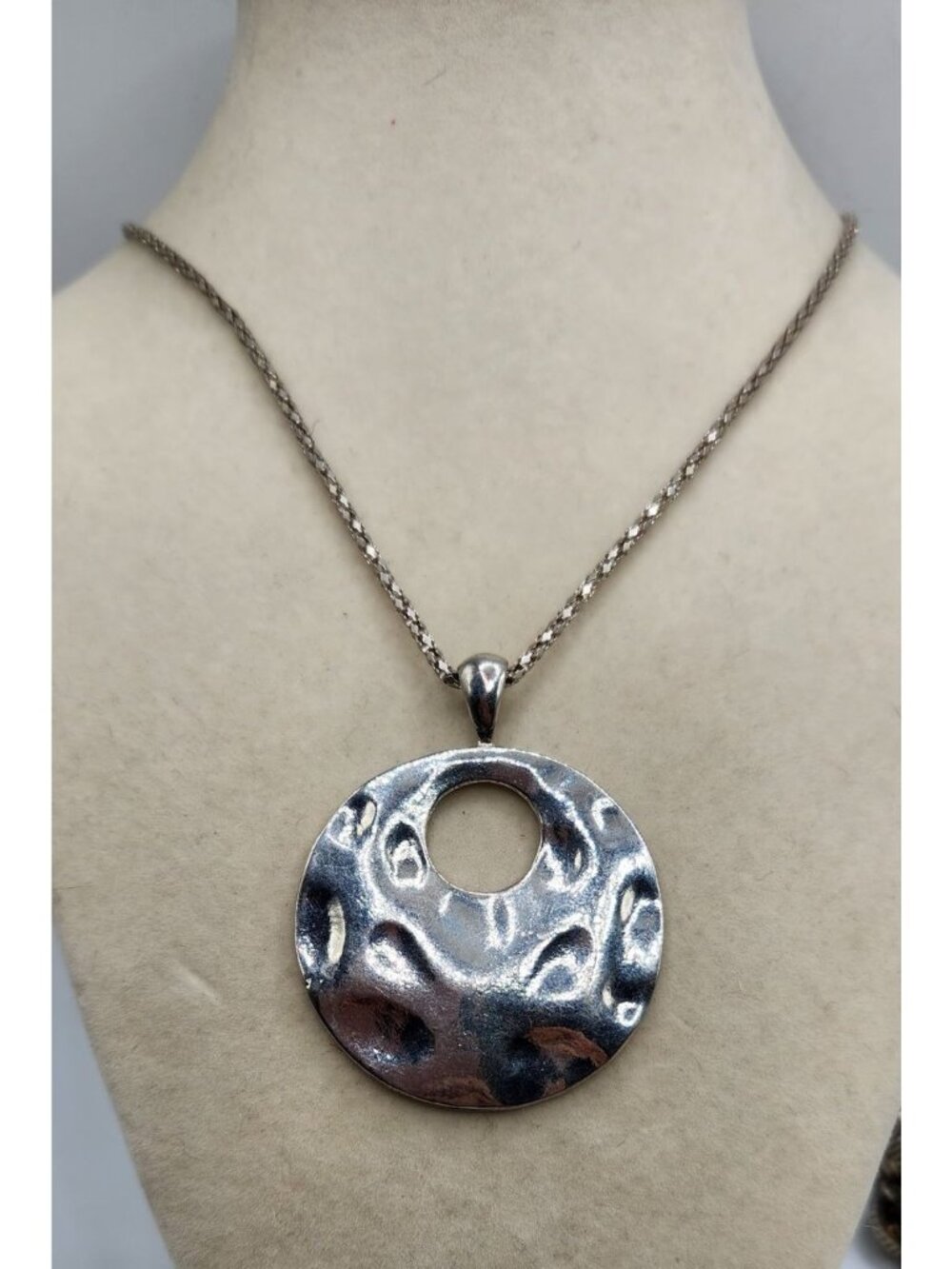 Silver Tone Circle Pendant With Hammered Look